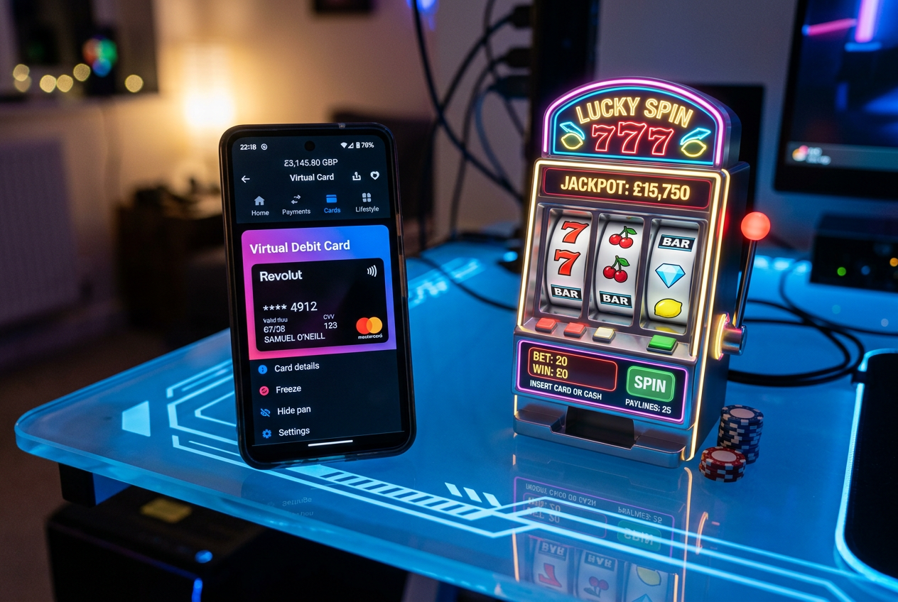 Interfejs aplikacji Revolut obok nowoczesnych gier kasynowych online na smartfonie