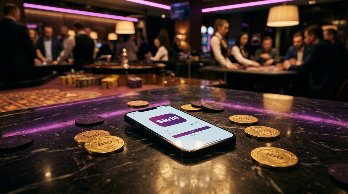 Aplikacja Skrill na smartfonie w otoczeniu żetonów kasynowych