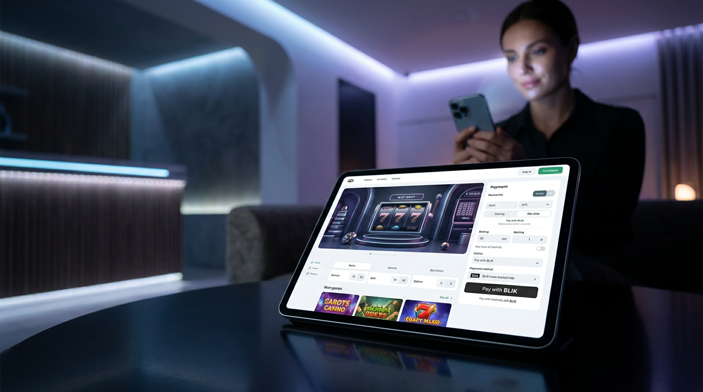 Futuristic online casino interface in 2026 with mobile payment options and luxury design