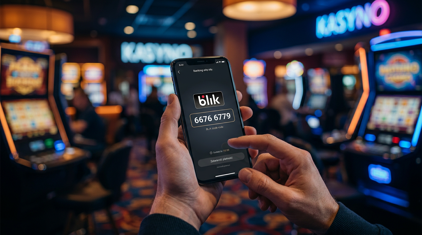 Ekran smartfona z aplikacją bankową generującą kod BLIK przed logotypem kasyna online
