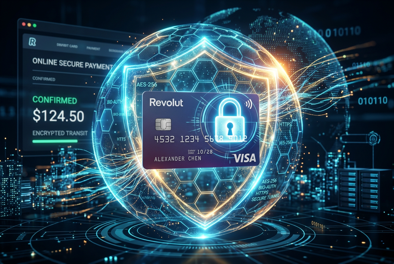 Abstrakcyjna tarcza bezpieczeństwa chroniąca kartę Revolut w cyfrowym świecie