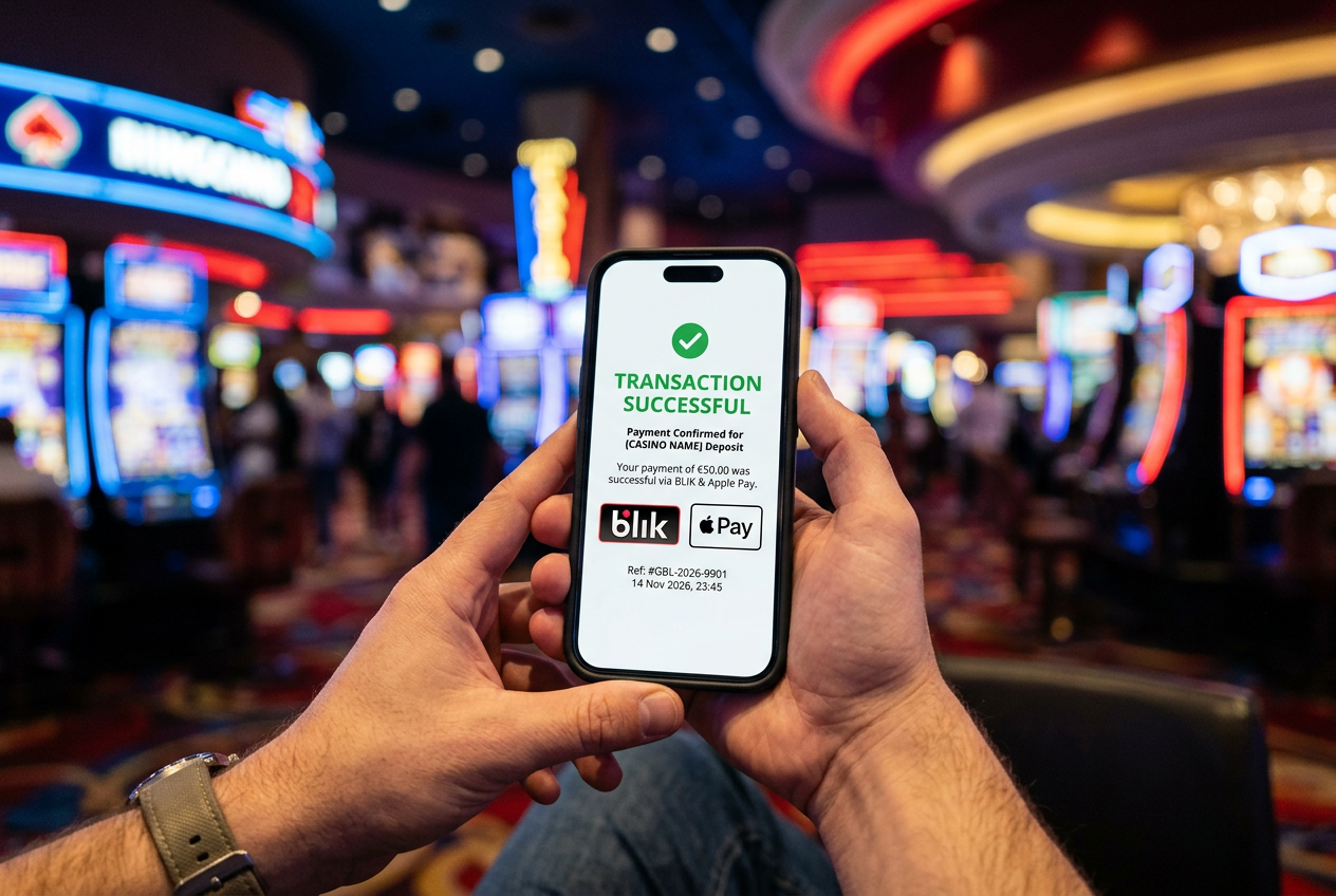 Smartphone displaying a BLIK and Bitcoin payment confirmation for a casino deposit