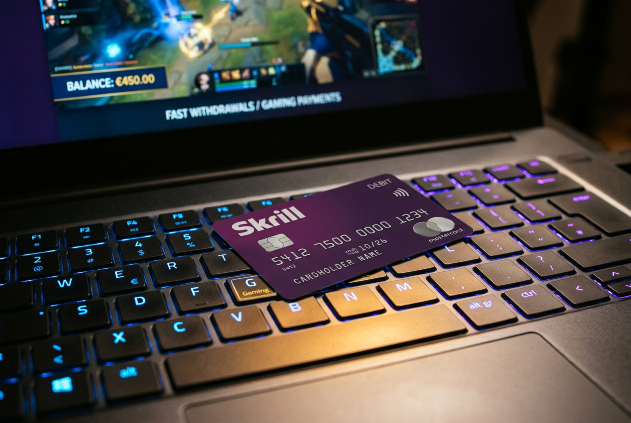Karta płatnicza Skrill Mastercard obok laptopa symbolizująca szybką wypłatę wygranych