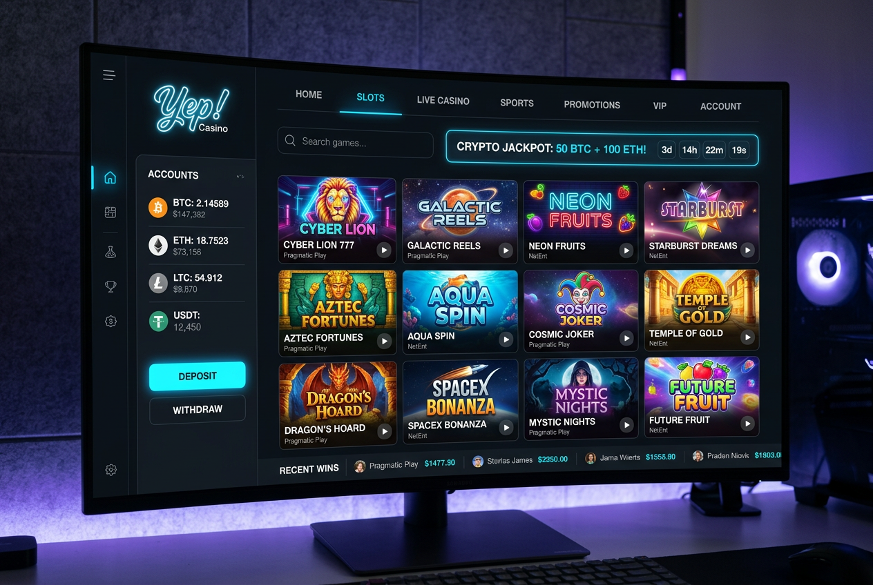 Modern online casino interface showing slot games and cryptocurrency balances in dark mode